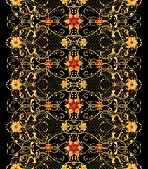 3d rendering. Seamless pattern. Golden textured curls. Oriental style arabesques, stylized flowers, delicate shiny swirl, paisley element, shining background.