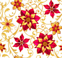 Obraz premium 3d rendering. Seamless pattern. Golden textured curls. Oriental style arabesques, stylized flowers, delicate shiny swirl, paisley element, shining background.