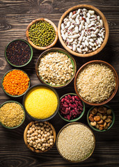 Grains, Legumes, and beans assortment top view.