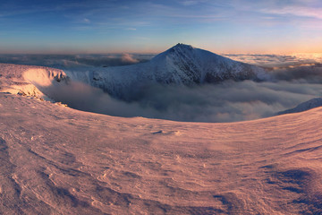 Fantastic evening and morning winter landscape. Colorful overcast sky. Beauty world  Magical snow...