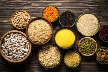 Fototapety  Grains, Legumes, and beans assortment top view.