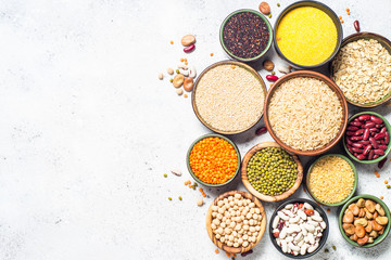 Grains, Legumes, and beans assortment top view.