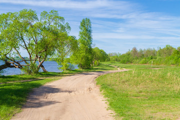 The road along the lake in clear weather in spring