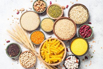 Grains crop, legumes, and beans assortment top view.
