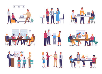 Teamwork or team building, office business meeting vector. Conference and brainstorming, annual report and statistics graphics, discussion and planning in flat style