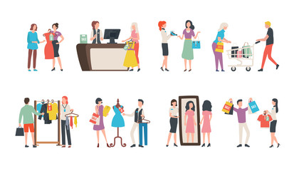 Fototapeta premium Old collection sale, fashion industry and shopping vector. Sellers and assistant managers, customers and clothes, garments and cash counter, mirror