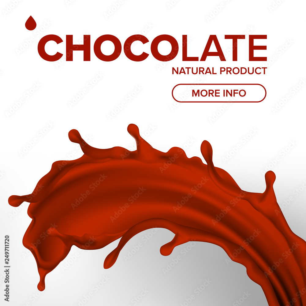 Sticker Chocolate Splash Vector. Falling Fresh Drink. Dark Drop. Tasty Flow. Pouring Cocoa Product. 3D Realistic Illustration