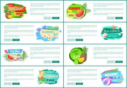 Best super discount banners set vector. Big promotion and summer offering, proposals of shops. Watermelon fruit and cocktail with straw, cool beverage