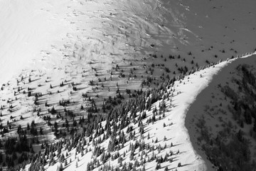 Fresh snow on the Troms county after a short winter in May. A beautiful frosty landscape in winter  Winter landscape in norway or sweden during a sunny day 