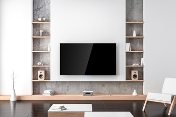 Large Smart Tv Mockup hanging on the white wall with shelves in modern living room