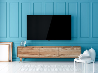 Smart Tv mockup hanging on the turquoise wall in modern interior