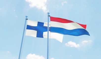 Netherlands and Finland, two flags waving against blue sky. 3d image