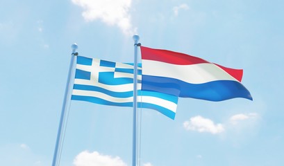 Netherlands and Greece, two flags waving against blue sky. 3d image