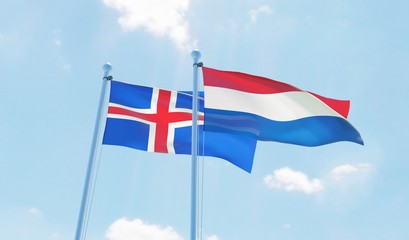 Netherlands and Iceland, two flags waving against blue sky. 3d image