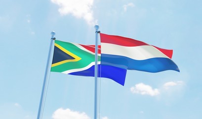 Netherlands and South Africa, two flags waving against blue sky. 3d image