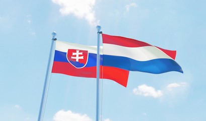 Netherlands and Slovakia, two flags waving against blue sky. 3d image