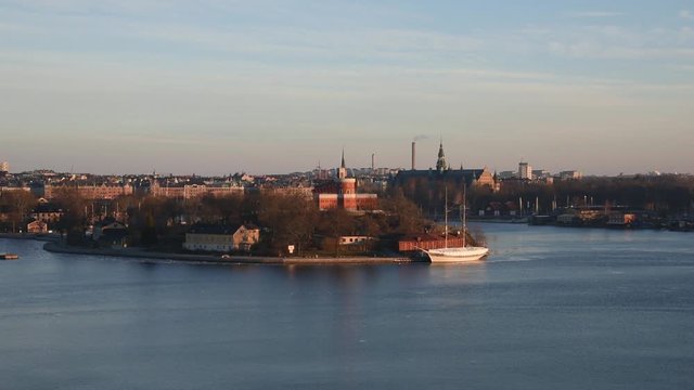 View over boats and islands in Stockholm a spring day	in solstice