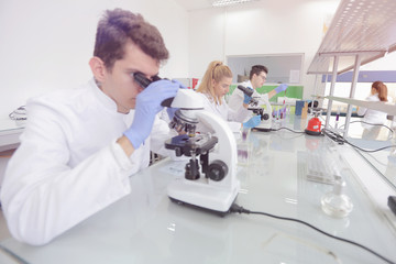 Fototapeta premium Group of young Laboratory scientists working at lab with test tubes and microscope, test or research in clinical laboratory.Science, chemistry, biology, medicine and people concept.