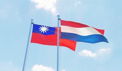 Fototapeta na wymiar Netherlands and Taiwan, two flags waving against blue sky. 3d image