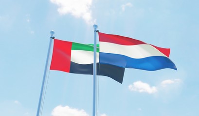 Netherlands and UAE, two flags waving against blue sky. 3d image