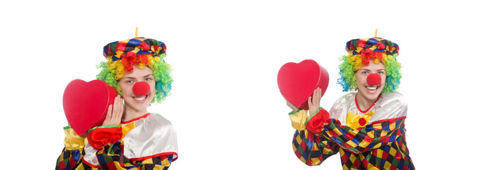 Clown with giftbox isolated on white