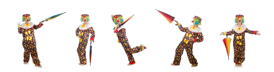 Clown with umbrella isolated on white