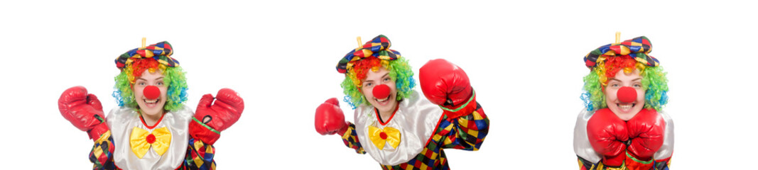 Clown with boxing gloves isolated on white