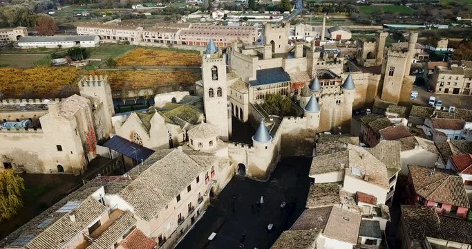 Aerial view of impressive medieval Royal Palace of Olite in autumn day, Navarre, Spain