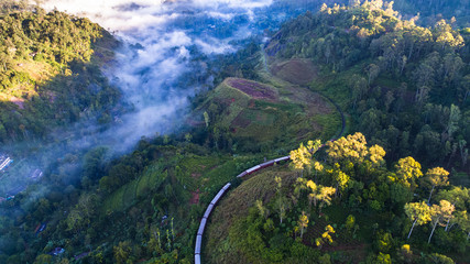 Aerial. Train from Ella to Kandy in mountains. Sri Lanka.