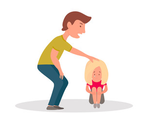 Violence in family.Young man reassures little girl. Vector illustration