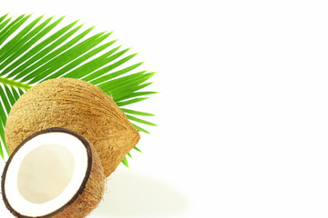 coconut fruit whole and cut with coconut leaves in white background