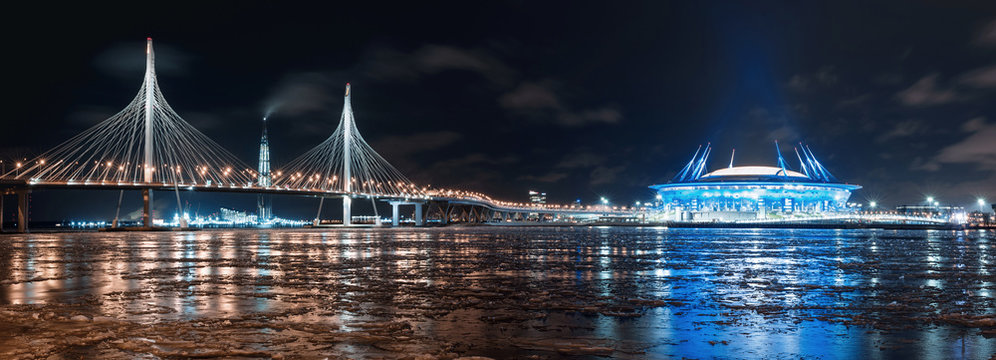SAINT-PETERSBURG, RUSSIA. View of Krestovsky island, Western High-speed Diameter, New bridge, Lakhta center and stadium. 