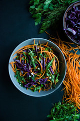 Salad of red cabbage, carrots and greens. Decorated with sliced vegetables and herbs. Cutting strips. Dark background. View from above.