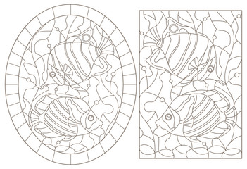 Set of contour illustrations of stained glass Windows with fish on the background of the seabed and algae, dark contours on a white background