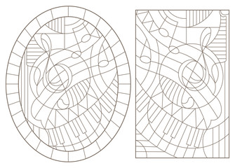 Set of contour illustrations on the theme of music with violin keys, dark contours on a white background
