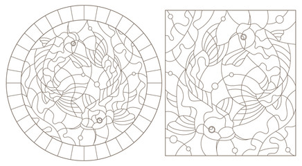 Set of contour illustrations of stained glass Windows with fishes on the background of the seabed and algae, dark contours on a white background