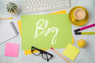 Blog and information website concept. Workplace  background with text.