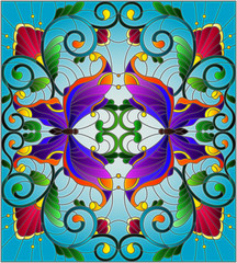 Naklejki  Ilustracja w stylu witrażu z jasnymi motylami, kwiatami i liśćmi, na niebieskim tle