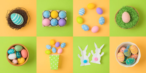 Easter holiday concept with easter eggs and bunny decorations.