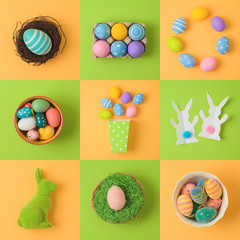 Easter holiday concept with easter eggs and bunny decorations.