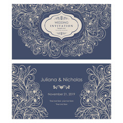 Wedding invitation cards.  Hand drawn floral doodle background. Flowers Pattern. Retro ornament. Summer ornament. Vector illustration.