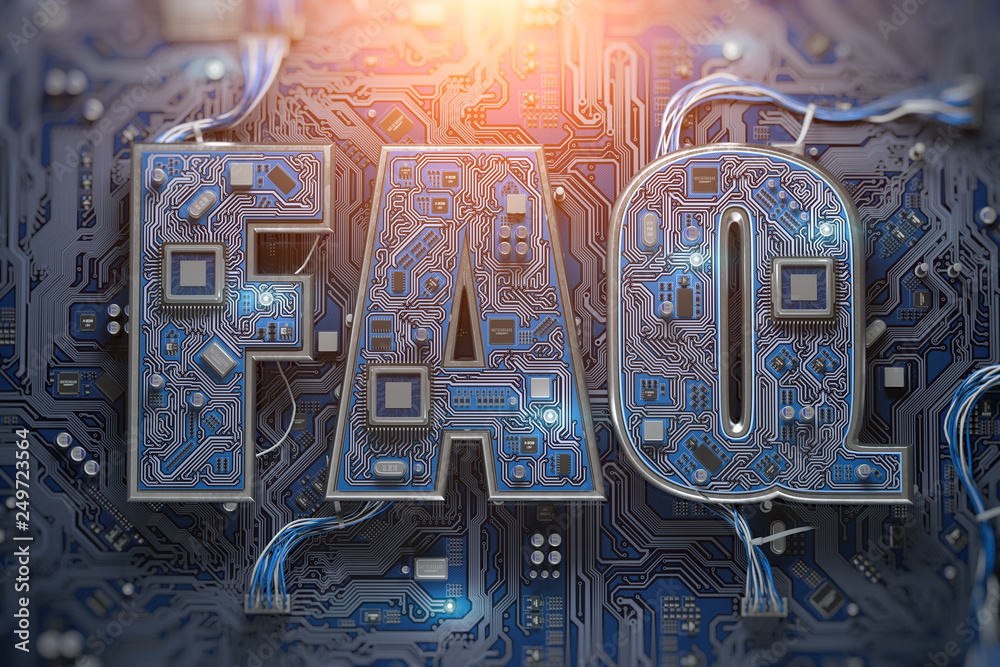 Poster FAQ Frequently asked questions concept. FAQ in form of circuit board on computer motherboard.