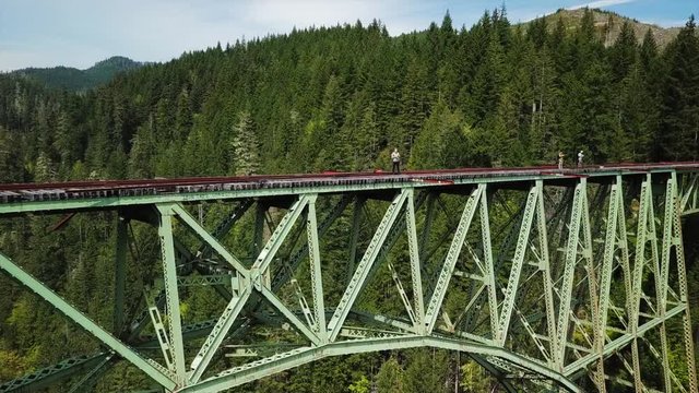 Aerial Forward Slow: Steel Bridge of Vance Creek Oregon Showing Its Age