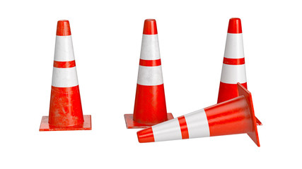 Traffic cone barrier danger warning, set. 3D rendering