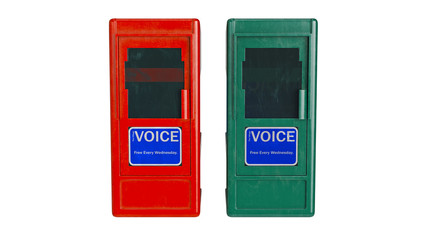 Newspaper box metal, isolated on white background, front view. 3D rendering