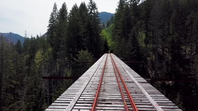 Aerial Backward: Steel Rail Road on Top of Vance Creek Bridge With Nature