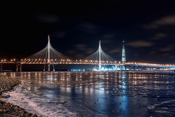 Obraz premium St. Petersburg. View of Krestovsky island, Western High-speed Diameter, New bridge, Lakhta center and stadium. 