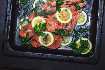 Salmon raw. salmon red fish steak