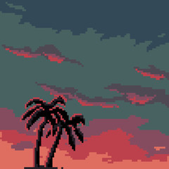 Pixel background futuristic landscape retro style.  Pixel palms. Pixel art. 8 bit