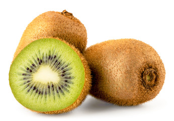 Two ripe kiwis and half close up on a white. Isolated.